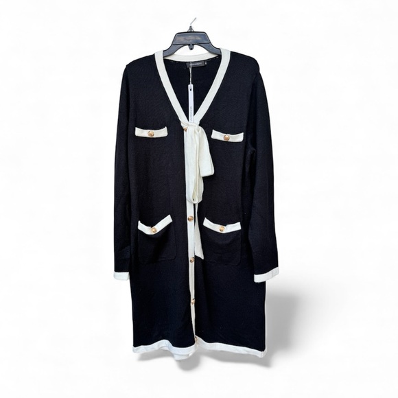 Merokeety Dresses & Skirts - Black and White Knit Dress Cardigan Old Money Style Pockets Lion Buttons XL